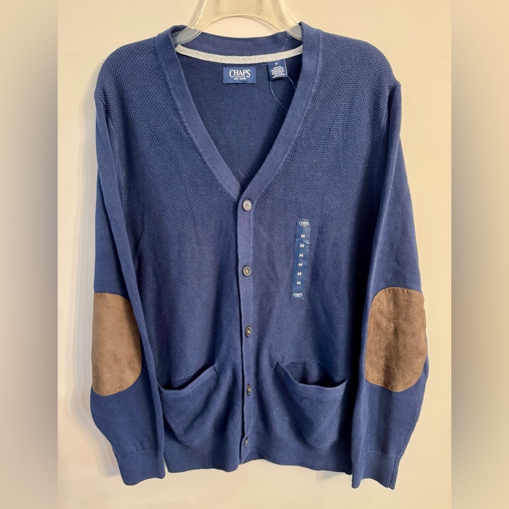 Chaps Men's Navy Cardigan with Tan Suede‎ Elbow Patches